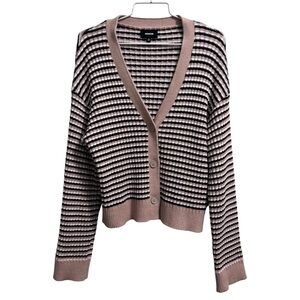 MONROW Wool/Cotton Blend Stripe Cardigan Dusk Winter White Black Stripe X-Small